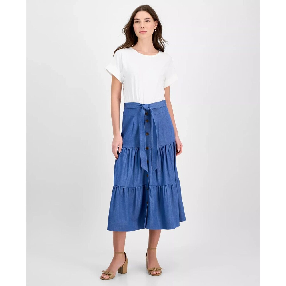 T Tahari Women's Mixed-Media Tiered Fit & Flare Belted Denim Midi Dress Size M